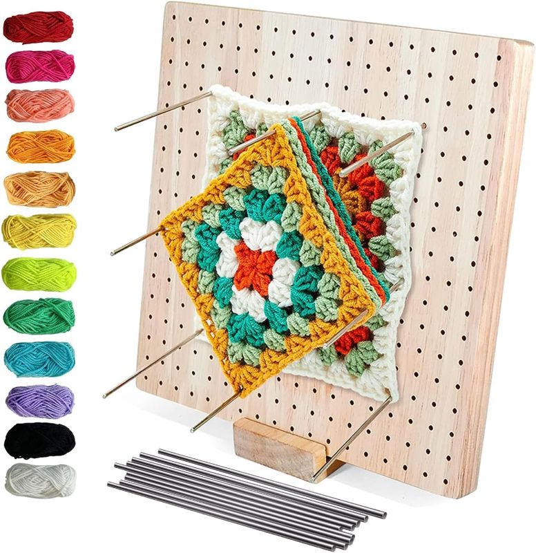 Photo 1 of 11.8 inch Crochet Blocking Board,Granny Square Crochet Block for Crocheting with 10 Stainless Steel Rod Pins,Handcrafted Knitting Blocking Mat Gifts for Mothers, Grandmothers.(12 Pcs Wool)
