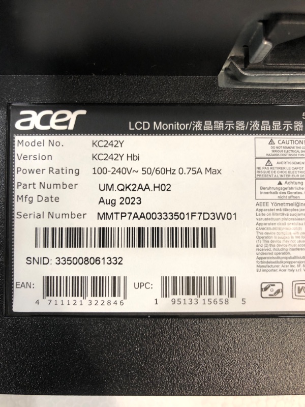 Photo 3 of Acer KC242Y Hbi 23.8" Full HD (1920 x 1080) Zero-Frame Gaming Office Monitor | AMD FreeSync Technology | 100Hz | 1ms (VRB) | Low Blue Light | Tilt | HDMI & VGA Ports,Black
