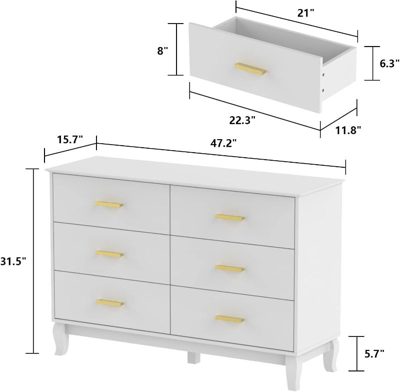 Photo 5 of (READ NOTES) ECACAD 6 Drawer Double Dresser Storage Chest of Drawers, Wood Dresser Chest with Metal Handles for Bedroom, Living Room & Hallway, White (47.2”L x 15.7”W x 31.5”H)
