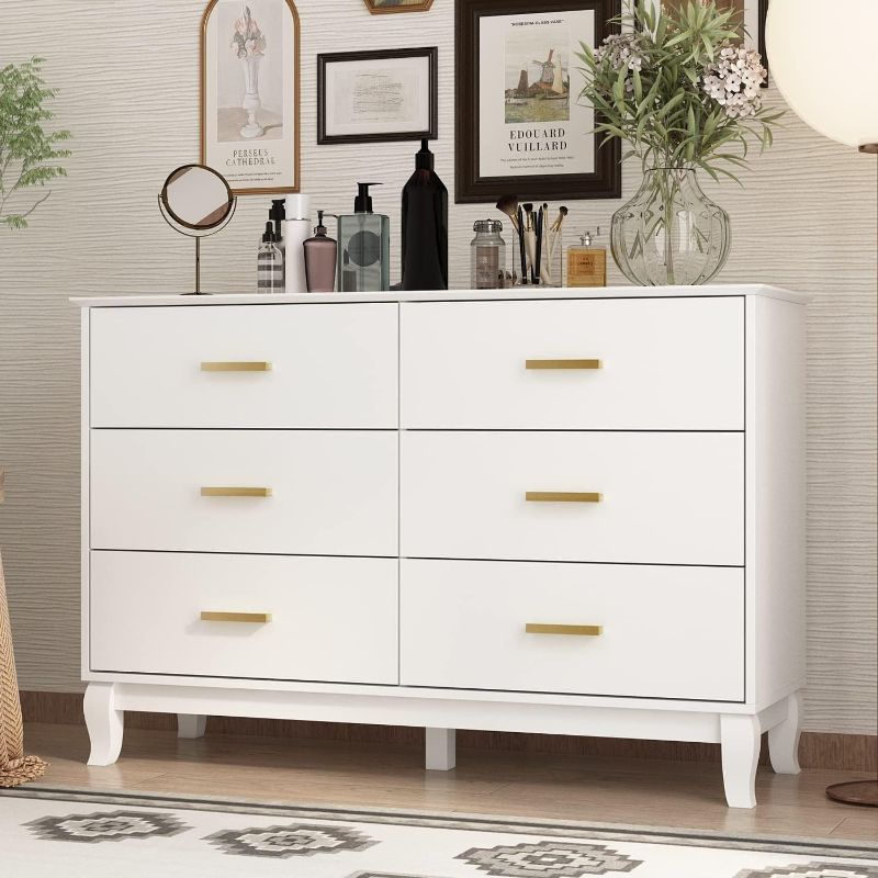 Photo 1 of (READ NOTES) ECACAD 6 Drawer Double Dresser Storage Chest of Drawers, Wood Dresser Chest with Metal Handles for Bedroom, Living Room & Hallway, White (47.2”L x 15.7”W x 31.5”H)
