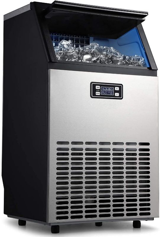 Photo 1 of  Commercial Ice Maker, Built-In Stainless Steel Ice Machine, 100LBS/24H, Free-Standing Design for Party Gathering, Restaurant, Bar, Coffee Shop w/Ice Shovel, Hose