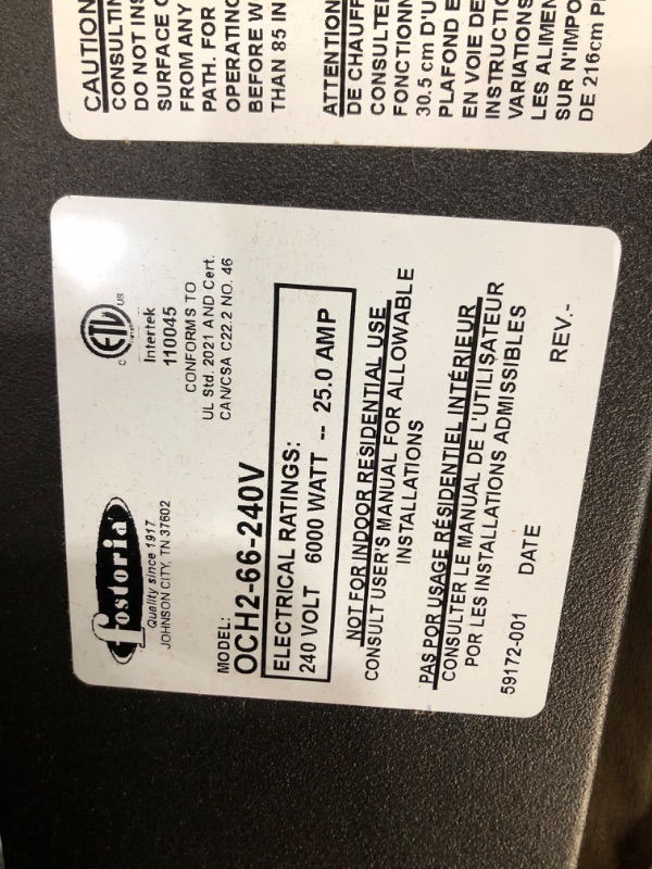 Photo 5 of **Damaged**TPI OCH2-66-240V Fostoria Quartz Tube Electric Infrared Heater – Outdoor/Indoor, Steel Housing, 6000W, 240V, Overhead Heating Equipment, Brown 240-Volt 66.0 x 7.5 x 7.0 inches