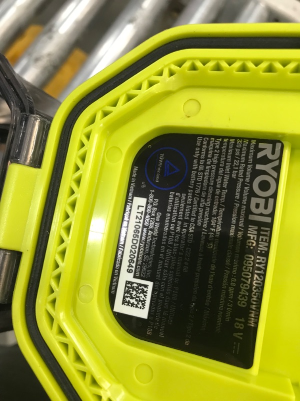 Photo 2 of **INCOMPLETE**RYOBI RY120350 ONE+ 18-Volt 320 PSI 0.8 GPM Cold Water Cordless Power Cleaner (Tool Only)