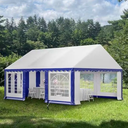 Photo 1 of **INCOMPLETE**16 ft. x 20 ft. Large Outdoor Canopy Wedding Party Tent in Blue and White with Removable Side Walls BOX #2 ONLY
