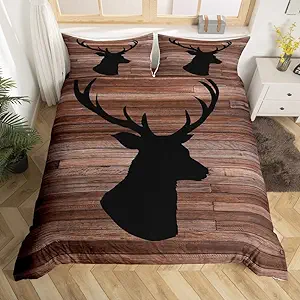 Photo 1 of 3D Wild Animal Pattern Bedding Set for Girls Boys Kids Cute Deer Comforter Cover Set Room Decorative Deer Hunting Duvet Cover Wood Grain Brown Blue Bedspread Cover Full Size 3Pcs Bedclothes
