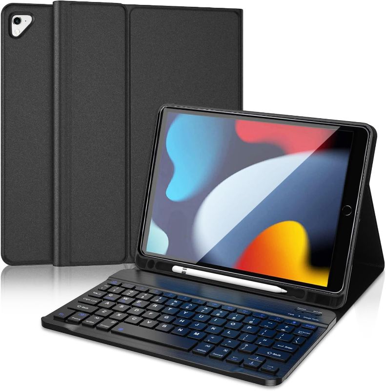 Photo 1 of  iPad Case 10.2 with Keyboard 2021, Slim Smart Case - Built-in Pencil Holder - Protective Folio Stand Cover - Detachable Bluetooth Keyboard - iPad Keyboard Case 9th/8th/7th Generation, Black