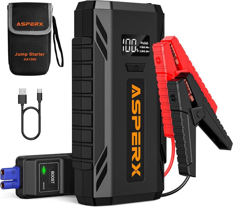 Photo 1 of ASPERX Car Jump Starter, 1500A Peak Battery Starter for Up to 7.0L Gas or 5.5L Diesel Engine, 12V Portable Power Pack with 1.4 INCH LCD Display