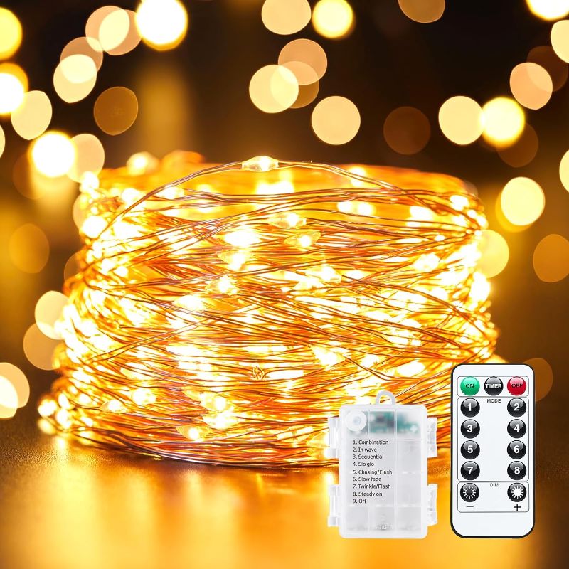 Photo 1 of 33Ft 100 LED Outdoor String Lights, Warm White Fairy Lights Battery Operated with Remote, Waterproof Twinkle Lights for Bedroom Dorm Patio Tapestry Backyard Garden Party Indoor Christmas Decoration