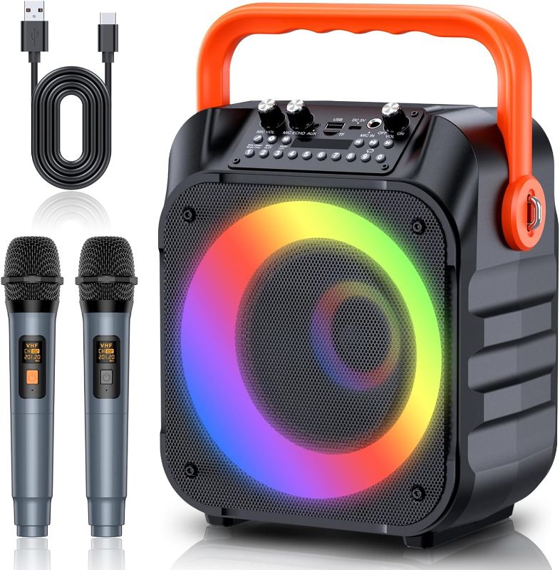 Photo 1 of Karaoke Machine with Two Wireless Microphones, Portable Karaoke Machine for Adults & Kids, Karaoke Microphone with PA System, LED Lights, Karaoke Speaker Supports for TF Card/USB, AUX In, FM, REC,TWS