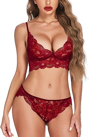 Photo 1 of ADOME Women's Lace Lingerie Bra and Panty Set Strappy Babydoll Bodysuit MEDUIM