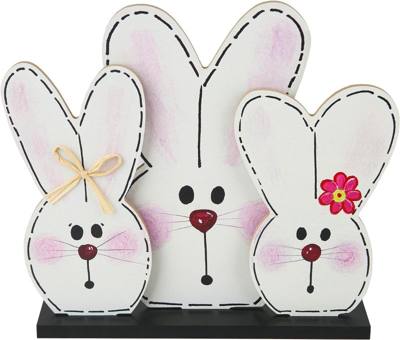 Photo 1 of 3 Pieces Easter Bunny Wooden Signs Easter Decorations Indoor Farmhouse Cute Bunny Wooden Tabletop Centerpieces Tabletop Decor for Easter Spring Home Decor Office Gift