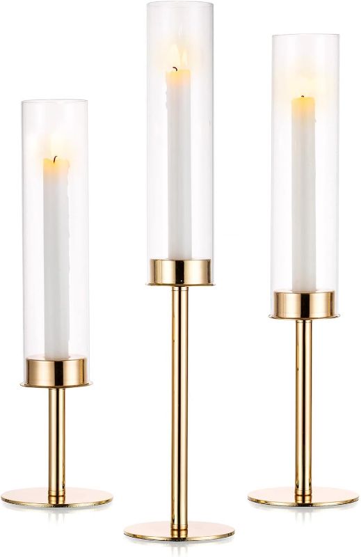 Photo 1 of  Gold Candlestick Holder Tall Hurricane Candle Holder Set of 3 Taper Candle Holders Candle Stand Glass Cover Candlesticks Holders Table Centerpiece for Wedding Party Birthday Christmas Decor