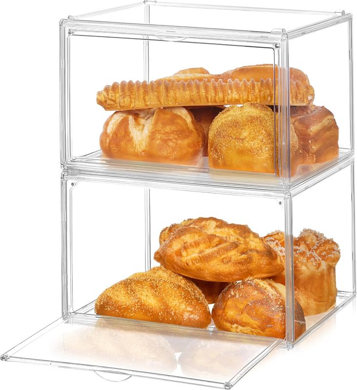 Photo 1 of 2 Pcs Clear Large Bread Box Holder for Kitchen Countertop Double Layer Stackable Bakery Storage Container Acrylic Counter