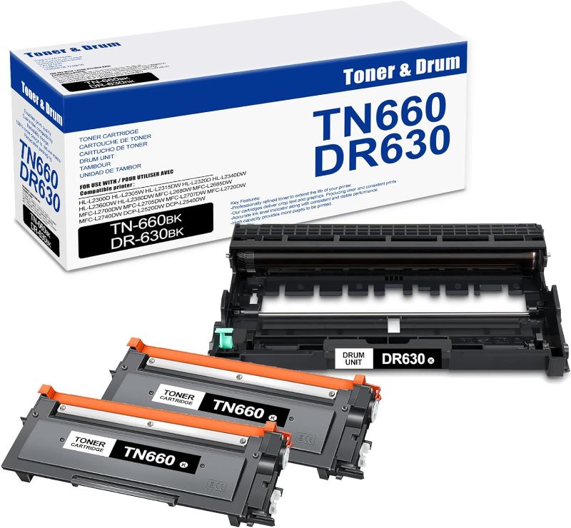 Photo 1 of 2 Pack TN660 Toner Cartridge & 1 Pack DR630 Drum Unit, Compatible for Brother TN660 DR630 Replacement for HL-L2300D L2305W L2315DW L2320D MFC-L2680W L2685DW L2720DW L2740DW DCP-L2520DW L2540DW Printer