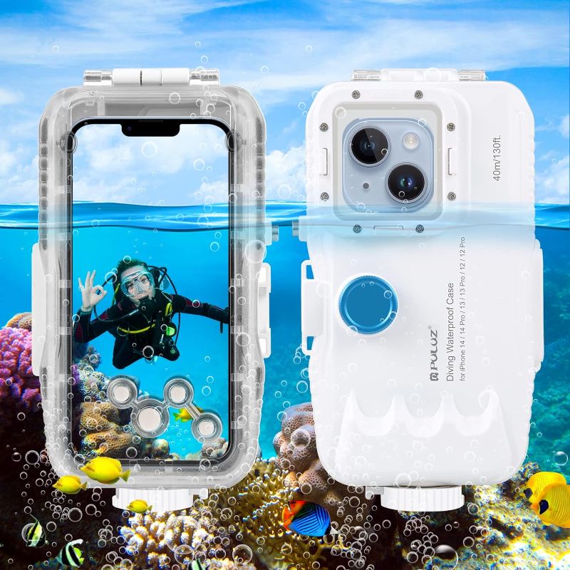 Photo 1 of PULUZ Upgrade One-Way Valve Diving Case for iPhone 15 Pro / 14/14 Pro / 13/13 Pro / 12/12 Pro Waterproof Housing,40m/130ft Underwater Diving Case IP68 Waterproof Shockproof Dustproof White
