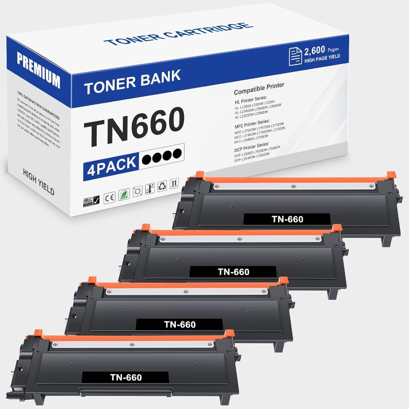 Photo 1 of Toner Bank Compatible TN660 TN630 Toner Cartridge Replacement for Brother TN660 TN630 TN 660 TN-660 TN-630 HL-L2380DW MFC-L2700DW HL-L2300D HL-L2320D HL-L2340DW L2540DW Printer Ink (Black, 4-Pack)
