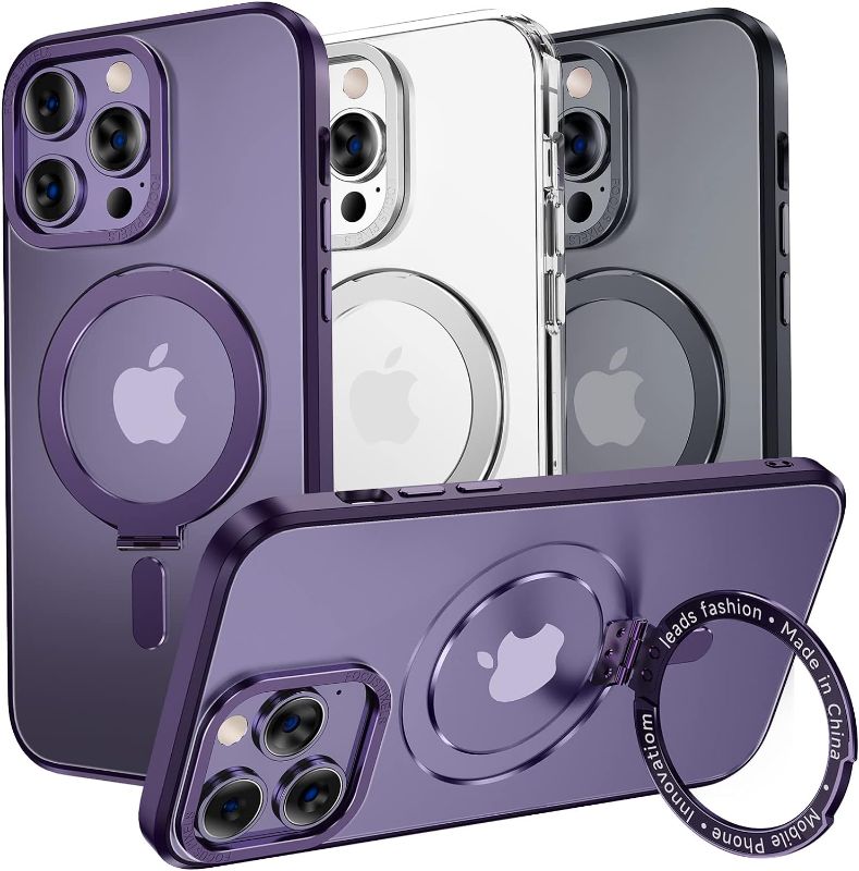 Photo 1 of Phone Case [Compatible with Magsafe] [With Magnetic Mental Stand][Military Grade Shockproof][Anti Yellowing] Translucent Matte Back with Soft Edge,Purple