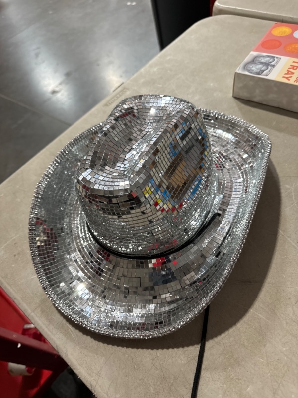 Photo 2 of Disco Ball Western Cowboy Hat - Women Men Silver Mirrored Sparkly Cowgirl Hat for Cosplay Party Size:L