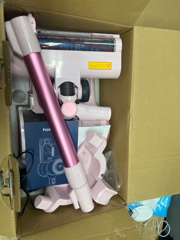 Photo 2 of **NONREFUNDABLE**FOR PARTS OR REPAIR**SEE NOTES**
Homeika Cordless Stick Vacuum Cleaner, 20Kpa Powerful Suction Vacuum Cleaner with LED Display, 30 Min Runtime Detachable Battery, 1.5L Dust Cup, for Carpet and Hard Floor Pet Hair (Pink)