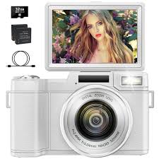 Photo 1 of 4K Digital Camera for Photography, Autofocus 48MP Vlogging Camera for YouTube with 16X Digital Zoom, White Camera, 3’’180°Flip Screen Compact Video Camera with Liftable Flash, SD Card&2 Batteries