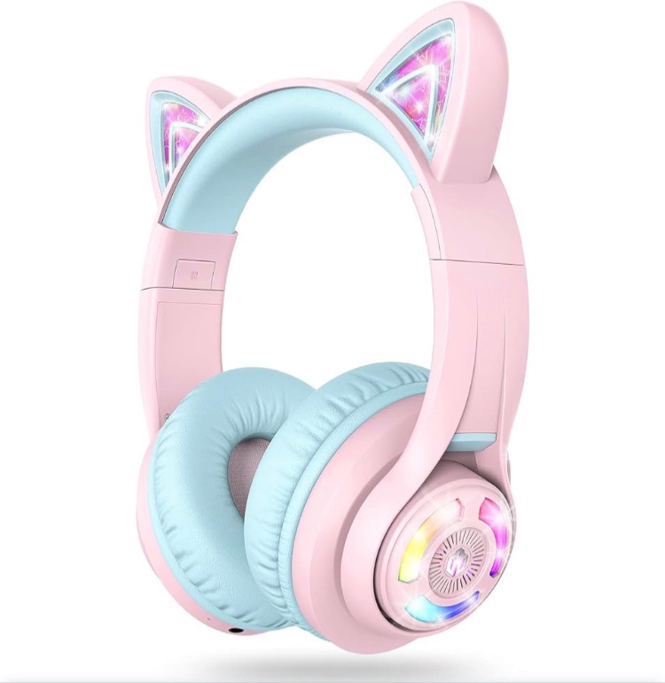 Photo 1 of iClever Cat Ear Kids Bluetooth Headphones, LED Lights Up, 74/85/94dB Volume Limited, 50H Playtime,Bluetooth 5.2, USB C, Kids Headphones Wireless for Travel iPad Tablet, Meow Macaron (Pink)