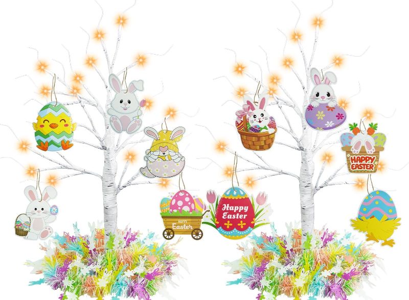 Photo 1 of 2 Pack Easter Decorations, 24" Lighted Easter Tree with 20 Hanging Easter Ornaments Tinsel Timer 24 Led Lights Artificial Easter Table Tree for Easter Centerpieces Home Easter Party Decor