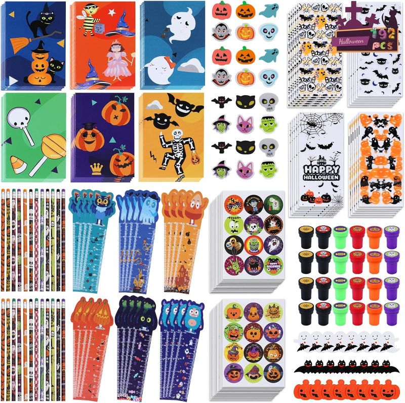 Photo 1 of 192Pcs Halloween Party Favors Assorted Gift Set ,Halloween Themed Stationery Trick or Treat Toy , Including Eraser, Pencil, Bag, Rulers, Notebooks, Seals, Candy Stickers, Label for Kids girls