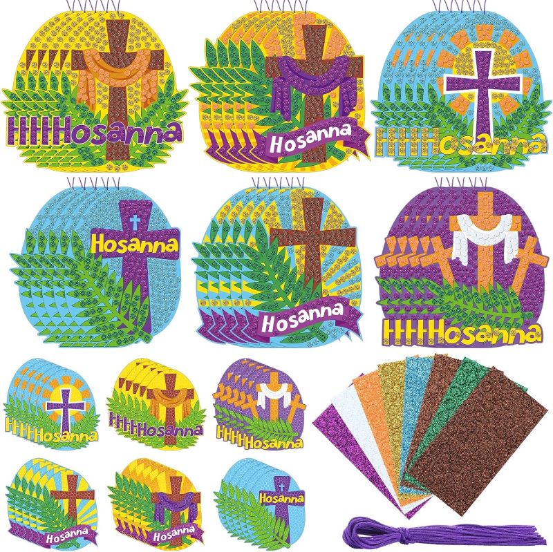 Photo 1 of 30 Sets Religious Easter Craft Kit for Kids Hosanna Palm Leaf Glitter Mosaic Ornament Craft Kits Make Your Own Christian Easter Egg Art Kits for Sunday School Activities Fun Home Party Favors