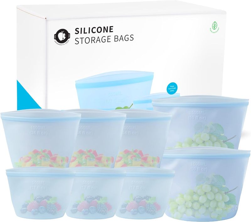 Photo 1 of 10 Reusable Silicone Storage Bags With Zip Top | Food Storage Containers | Microwave and Dishwasher Safe By Gourmanity Cook [10 Bags in 3 sizes]