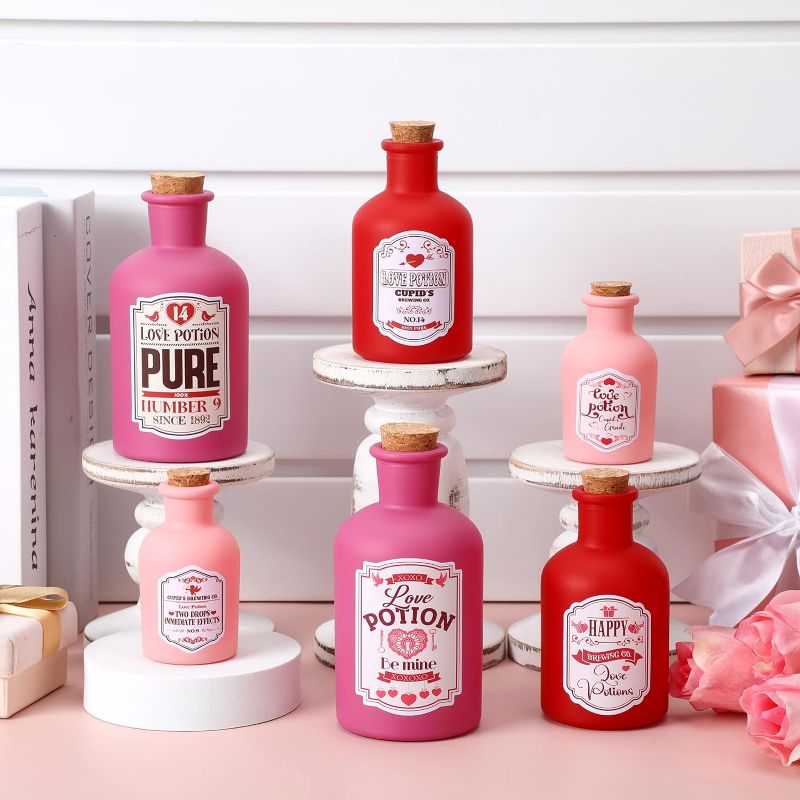 Photo 1 of **SEE PHOTOS STOCK PHOTO IS NOT EXACT ** 6 Pcs Valentine Day Love Potion Bottle, Valentines Tiered Tray Decor 1.7/4.2/8.5 oz Glass Bottles with Cork and 6 Labels Pink Small Glass Vials for Valentine Wedding Anniversary Decoration