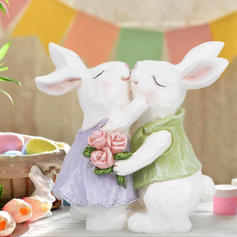 Photo 1 of Hodao Easter Bunny Couple Decorations Spring Easter Rabbit Decor Figurines Valentine Day Tabletopper Decorations for Party Home Holiday Cute Rabbit Easter Day Couple Gifts Decorations