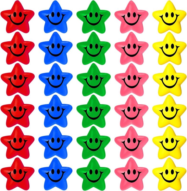 Photo 1 of 30 Pieces Star Smile Face Stress Balls Mini Foam Smile Ball Smile Face Toys Small Stress Relief Star Smile Balls for School Reward Student Party Bag Filler (Red, Blue, Green, Pink, Yellow)
