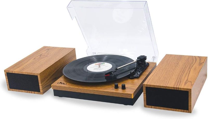 Photo 1 of LP&No.1 Wireless Vinyl Record Player with External Speakers, 3-Speed Belt-Drive Turntable for Vinyl Albums with Auto Off and Wireless Input, Yellow Wood