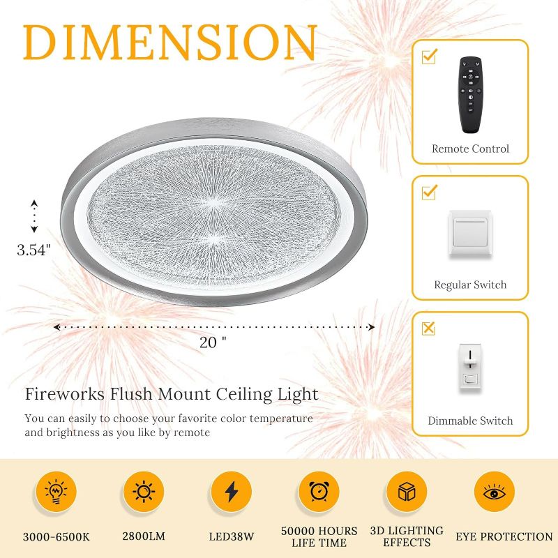 Photo 4 of (NON-REFUNDABLE) Modern Ceiling Light 20'' Flush Mount LED Ceiling Light Dimmable Fireworks Ceiling Lamps with Remote Round Ceiling Chandelier for Living Room Bedroom Dining Room Entryway, Silver 3000K-6500K Silver-Firework