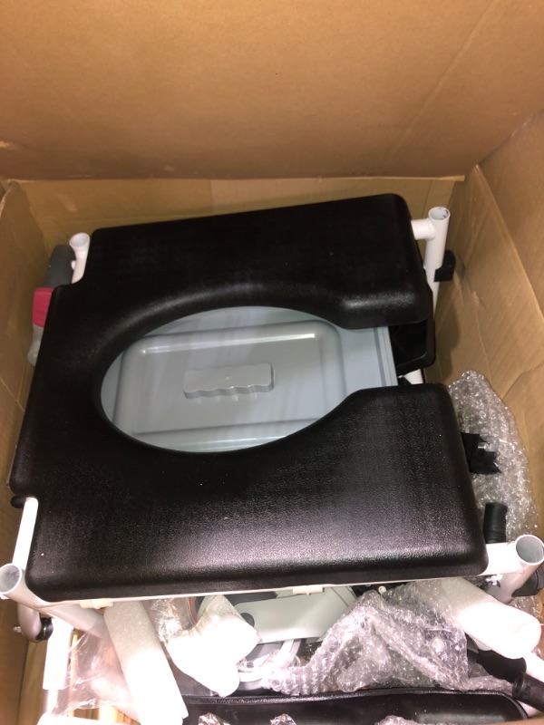 Photo 1 of VEVOR Shower Commode Wheelchair with 4 Lockable Wheels, Footrests, Flip-up Arms, 3-Level Adjustable Height, 5L Removable Bucket, 350 LBS Capacity, Commode Chair for Adults Seniors 350 LBS Capacity with Wheels