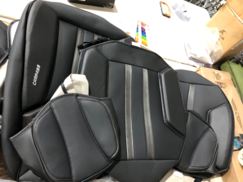 Photo 5 of CAR PASS 2PCS Nappa Leather Car Seat Covers Front Cushioned, Waterproof Durable Front Seat Covers Only, Luxury Car Seat Protector Universal Fit for SUV Pick-up Truck Sedan Automotive (Black Charcoal) Front Seats with Armrest Hole Black and Charcoal