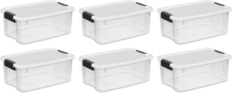 Photo 1 of **SEE NOTES**Sterilite 18 Qt Ultra Latch Box, Stackable Storage Bin with Lid, Plastic Container with Heavy Duty Latches to Organize, Clear and White Lid, 6-Pack
