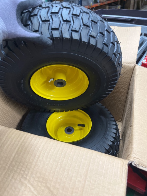 Photo 3 of (2 Pack) 15 x 6.00-6 Front Tire and Wheel Set - 4-Ply Replacement Tires with Wheels Assemblies for John Deere Riding Mower - for Lawn Tractors with 3" Centered Hub and 3/4" Bushings, Yellow