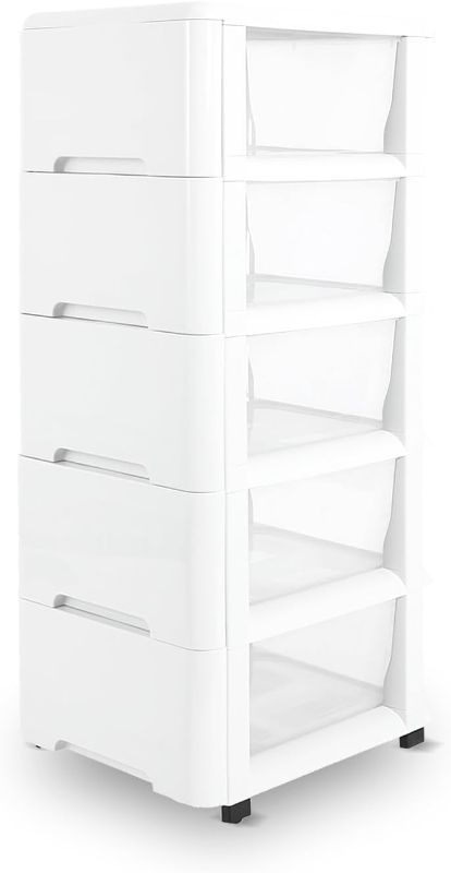 Photo 1 of 5 Tier Plastic Drawers, White Storage Cart with White Frame, Storage Organization unit for Living Room, Bedroom, Dormitory