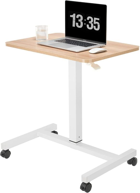 Photo 1 of (NON-REFUNDABLE) CLATINA Mobile Laptop Desk Pneumatic Sit to Stand Table Height Adjustable Rolling Cart with Lockable Wheels for Home Office Computer Workstation 28" x 19" Beige Round Edge Design Elegant
