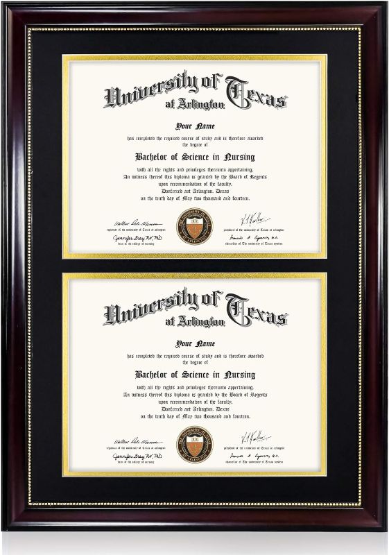 Photo 1 of GraduationMall 14x20 Double Diploma Frame, Display 8.5x11 Certificate with Black over Gold Mat,UV Protection Acrylic,Mahogany with Gold Beads