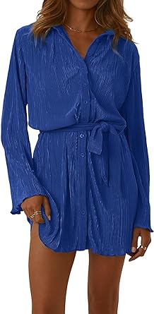 Photo 1 of **BLUE MYONE Womens Shirt Dress V Neck Button Down Pleated Long Sleeve Casual Trendy Mini Dress with Belt X-Large BLUE