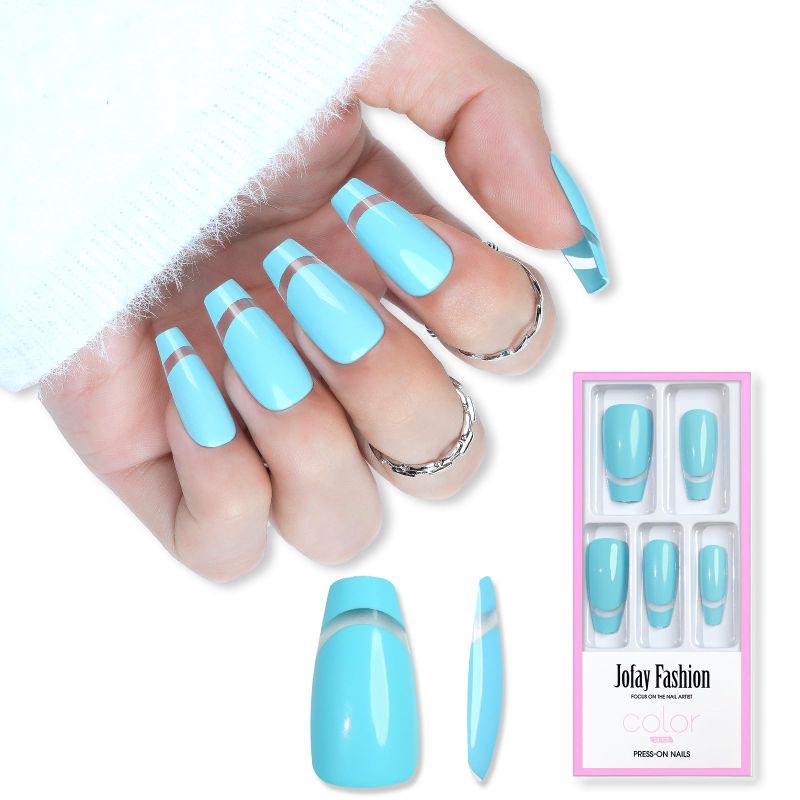 Photo 1 of 2 sets Press on Nails Medium Coffin, Clear Blue Soft Gel French Fake Nails for Women Fit & Natural, Stick on Nails Acrylic Reusable, 24pcs False Nails with Glue Art Kit French Clear Bule