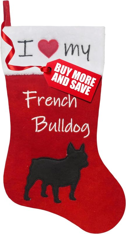 Photo 1 of 13” Large Christmas Stockings with Hanging Loop - Red French Bulldog Christmas Stocking with Velvet Fabric and Fleece Cuff - Stockings Christmas Tree Decorations - Family Stockings for Christmas
