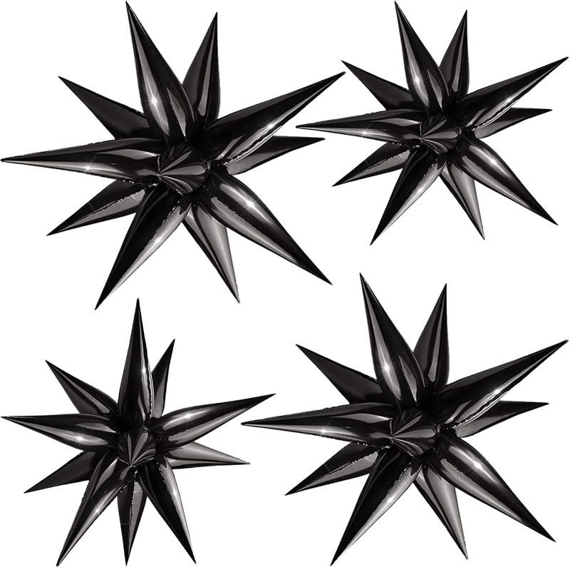 Photo 1 of 12 Point Star Balloons- 50pcs Black Explosion Star Foil Balloons, 3D Starburst Cone Mylar Balloons for Halloween Christmas Birthday Party Baby Shower Wedding Photo Booth Backdrop