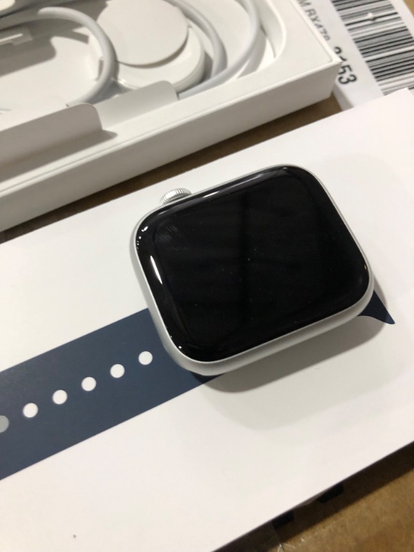 Photo 3 of Apple Watch Series 9 [GPS 45mm] Smartwatch with Storm Blue Aluminum Case with Silver Sport Band M/L. Fitness Tracker, Blood Oxygen & ECG Apps, Always-On Retina Display Silver Aluminum Case with Storm Blue Sport Band 45mm M/L - fits 160–210mm wrists Withou