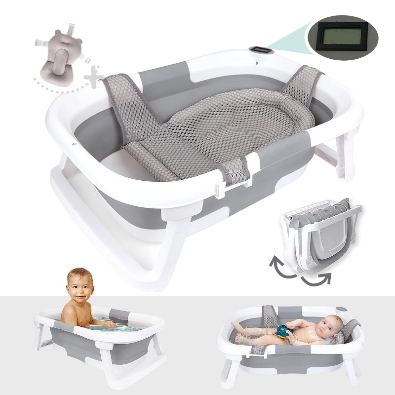 Photo 1 of BEBELEH™ Collapsible Baby Bathtub with Thermometer – Bathtub + Baby tub Sling + Newborn Sling – Baby Bathtub Newborn to Toddler 0-24 Months – The Ultimate Baby Bath Tub! (with Thermometer,Gray)
