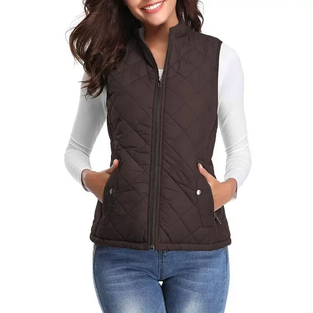 Photo 1 of Fuinloth Women Quilted Vest, Stand Collar Lightweight Zip Padded Gilet Outerwear Coats Chocolate XL
