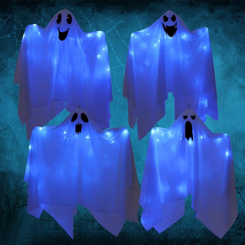 Photo 1 of 4pcs Halloween Hanging Ghosts Decorations - 30" Flying Ghost Glow in The Dark, with Blue White Purple Green Spooky LED Lights for Porch Garden Yard Halloween Decorations Indoor Outdoor body LED ghost decoration