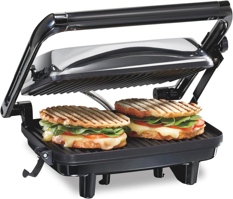 Photo 1 of Hamilton Beach Panini Press Sandwich Maker & Electric Indoor Grill with Locking Lid, Opens 180 Degrees for any Thickness for Quesadillas, Burgers & More, Nonstick 8" x 10" Grids, Chrome (25460A)
